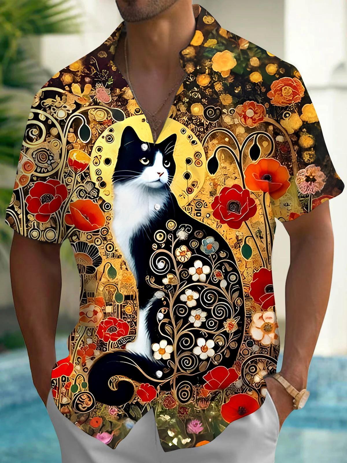 Cat Floral Men's Pocket Short Sleeve Shirts