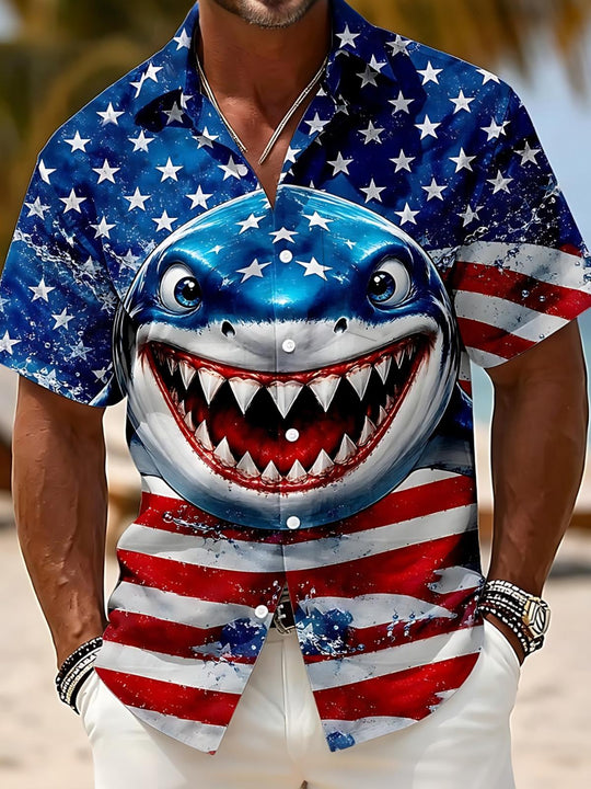 Independence Day American Flag Shark Print Men's Pocket Short Sleeve Shirts
