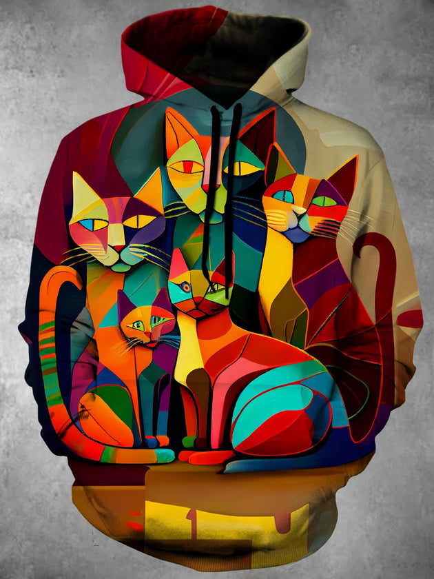 Men's black art cat print long sleeve hooded pocket top front view