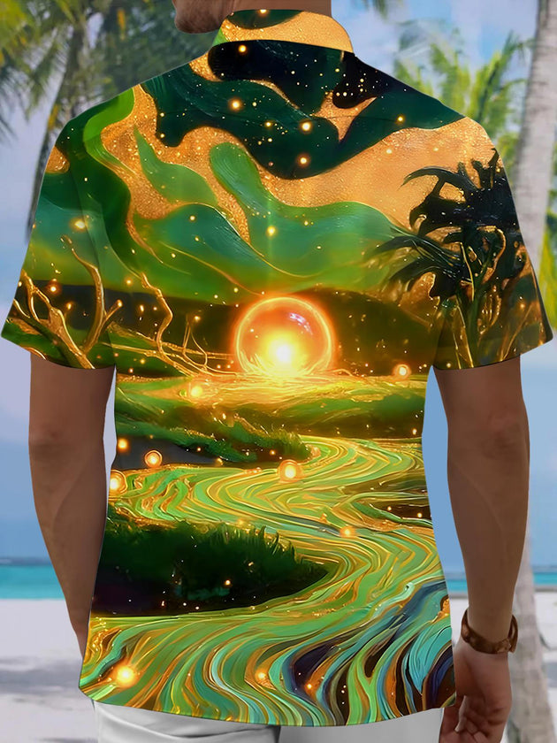 Men's blue abstract print Hawaiian short sleeve shirt back view
