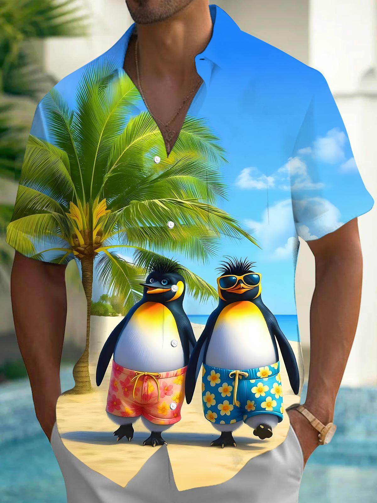 Hawaiian Coconut Tree Penguin Couple Men's Pocket Short Sleeve Shirts