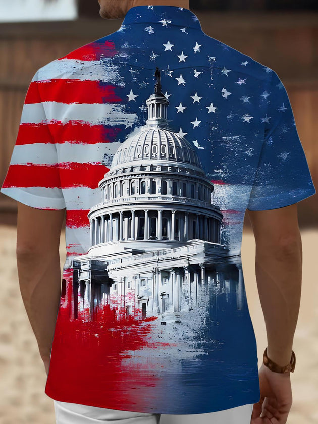 Men's short sleeve shirt with American flag print back view