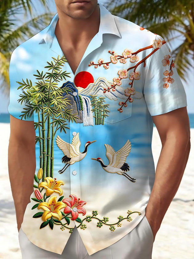 Art Crane Landscape Bamboo Leaf Flower Men's Pocket Short Sleeve Shirts