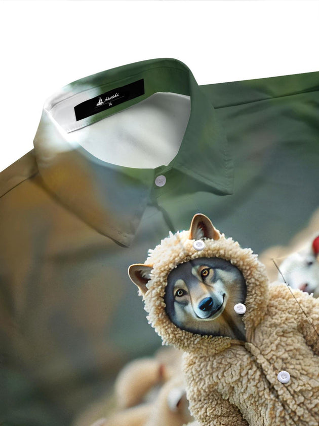 Men's long sleeve wolf in sheep's clothing print shirt side view