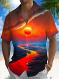 Sunset Landscape Print Men's Pocket Short Sleeve Shirts