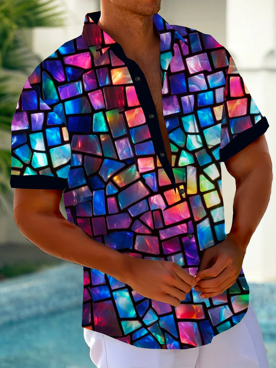 Men's retro Hawaiian short sleeve shirt with pocket front view for tropical beach vacation