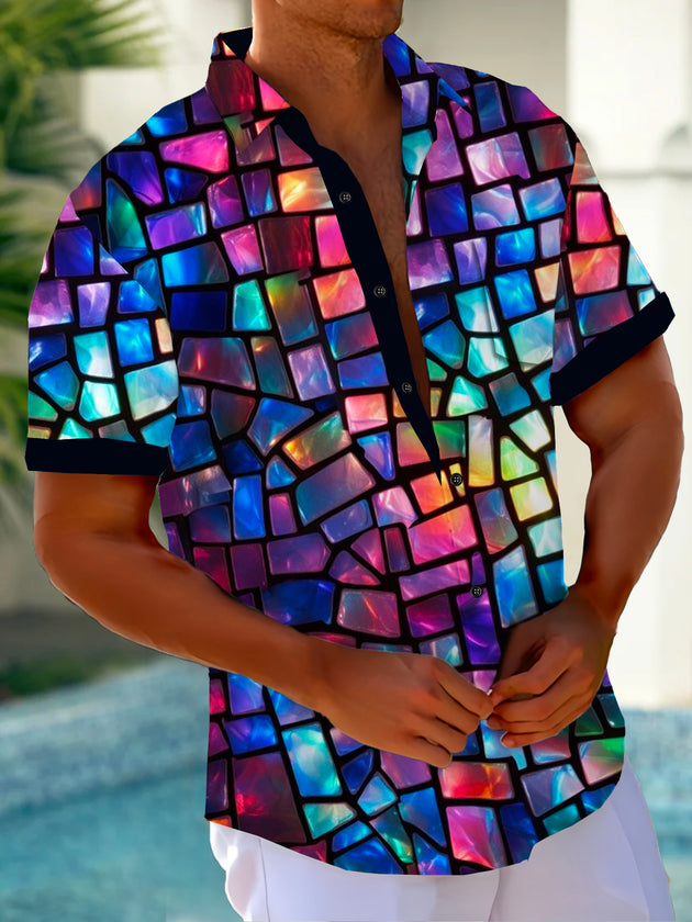 Men's retro Hawaiian short sleeve shirt with pocket front view for tropical beach vacation