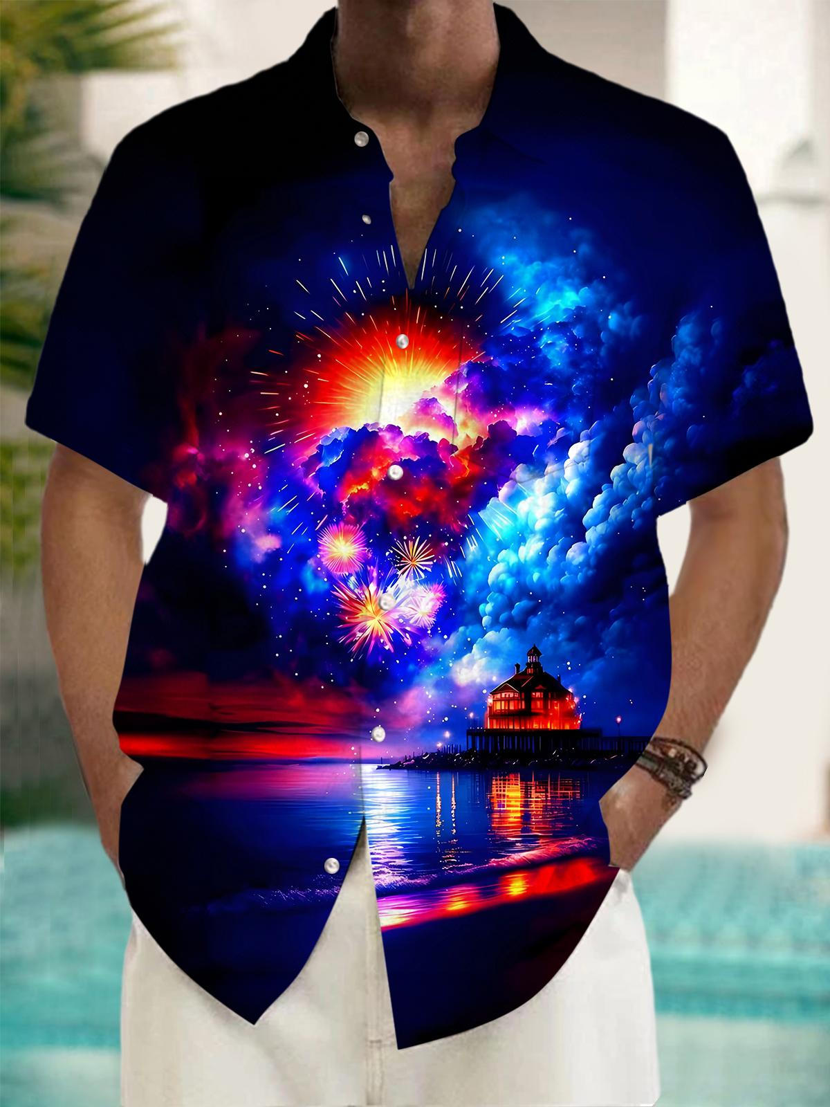 Fireworks Landscape Print Men's Pocket Short Sleeve Shirts