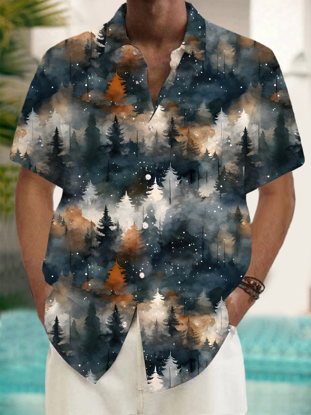 Watercolor Snow Forest Men's Pocket Short Sleeve Shirts