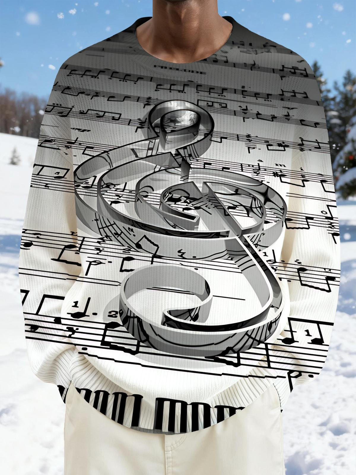 Gradient Note Print Men's Long Sleeve Round Neck Tops