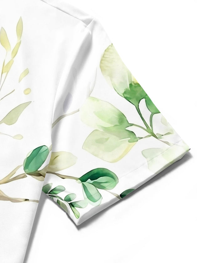 Art Watercolor White Flowers Green Leaves Men's Pocket Short Sleeve Shirts