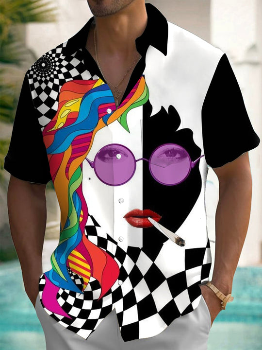 Men's black geometric print short sleeve shirt front view