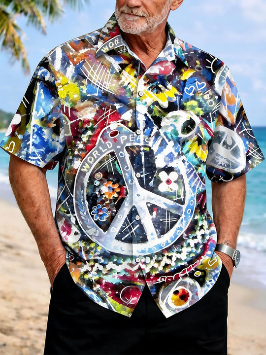 Hippie Peace Sign Art Print Men's Pocket Short Sleeve Shirts
