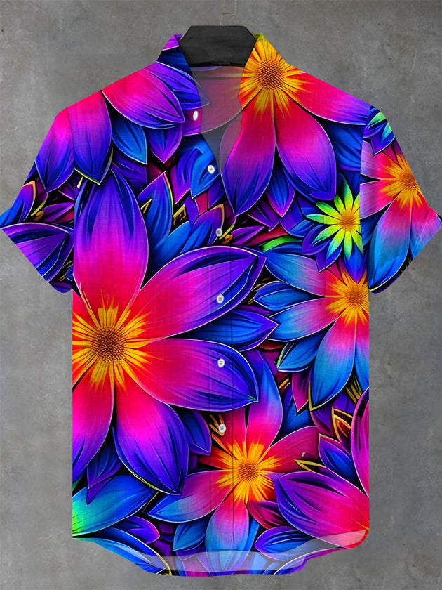 Men's floral short sleeve shirt front view with pocket and stand collar