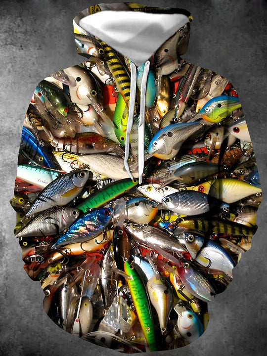 Men's blue fish print long sleeve pullover hoodie front view