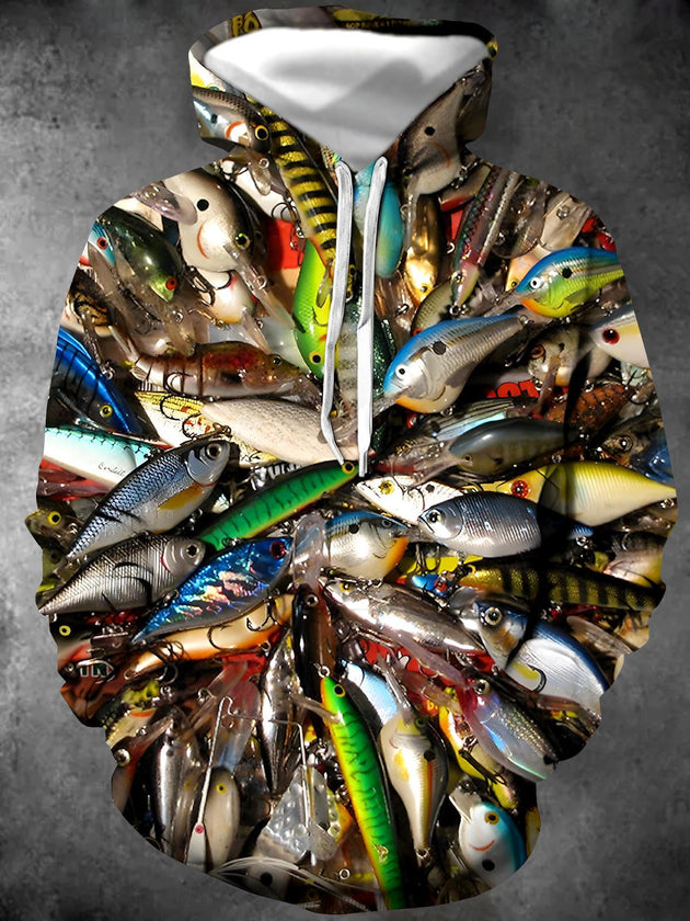Men's blue fish print long sleeve pullover hoodie front view