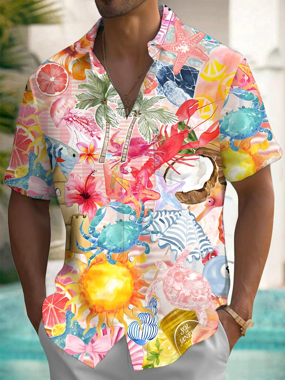 Hawaiian Marine Life Print Men's Pocket Short Sleeve Shirts