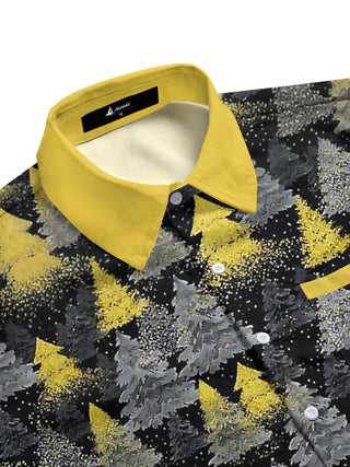 Men's festive Christmas tree print pocket long sleeve shirt side view