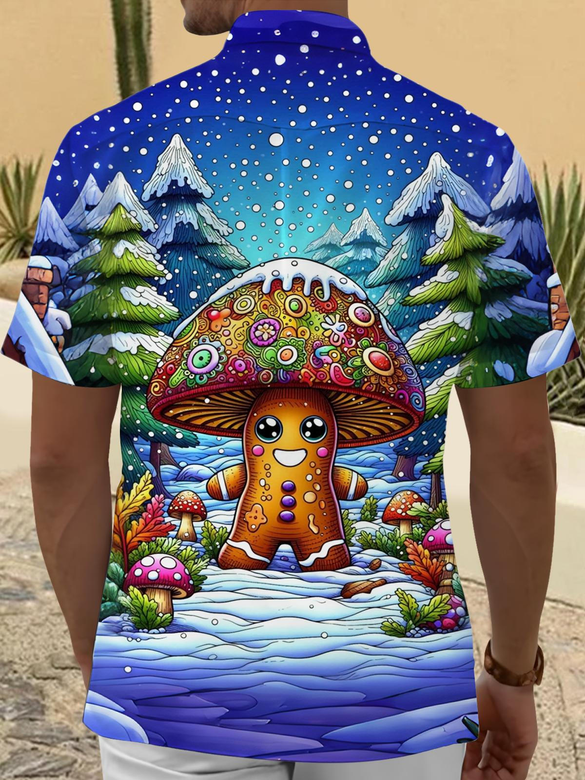 Mushroom Gingerbread Man Print Men's Pocket Short Sleeve Shirts