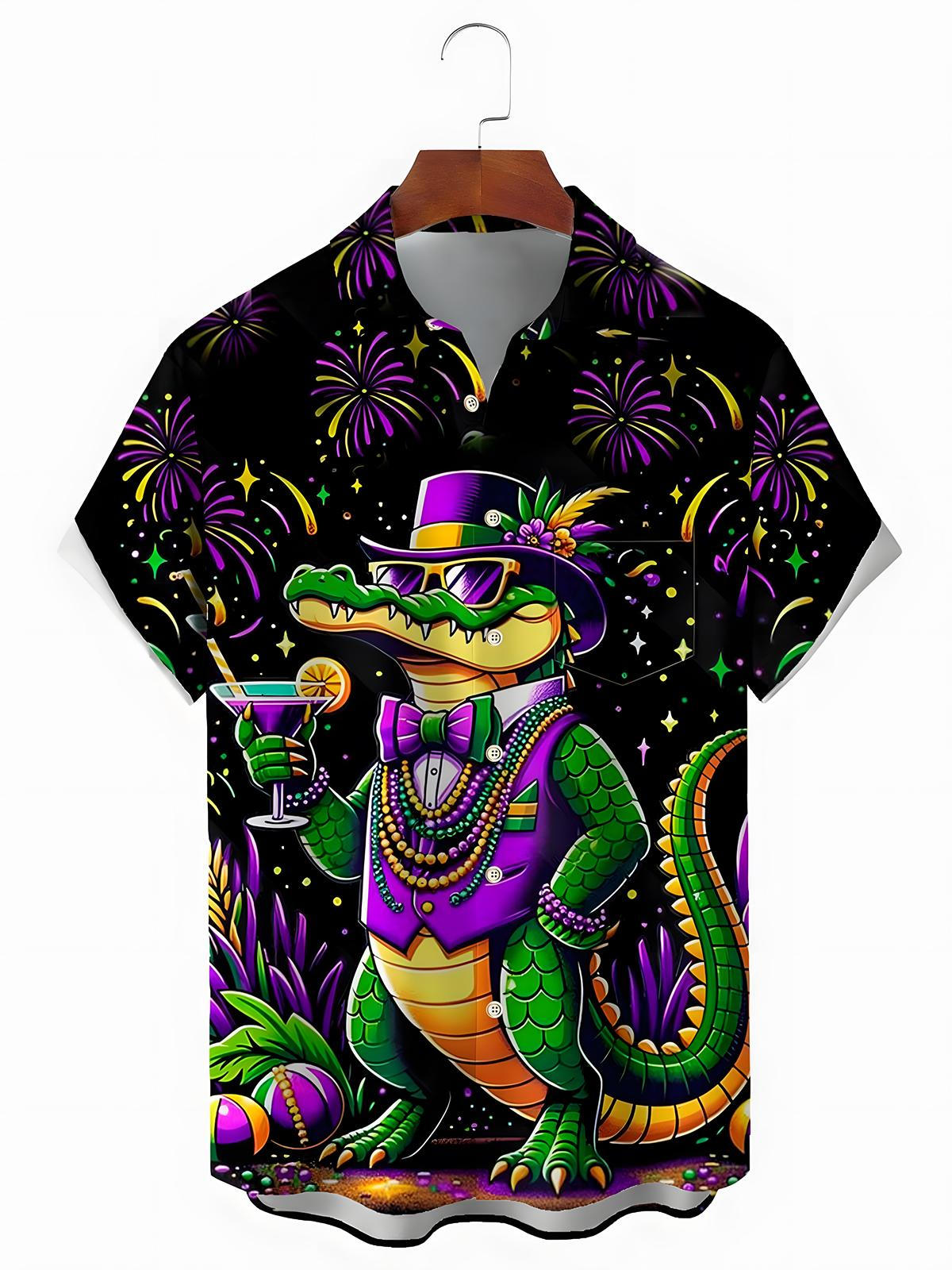 Mardi Gras Dinosaur Print Men's Pocket Short Sleeve Shirts