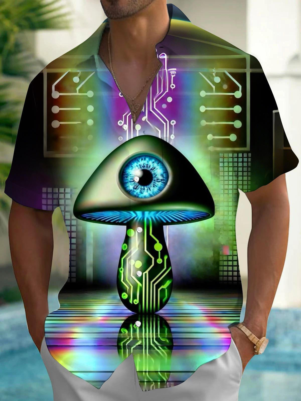 Mushroom Eye Print Men's Pocket Short Sleeve Shirts