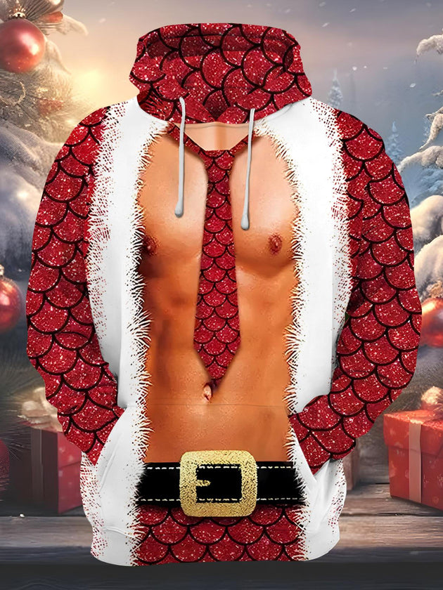Men's funny Christmas long sleeve pullover hoodie front view for holiday party