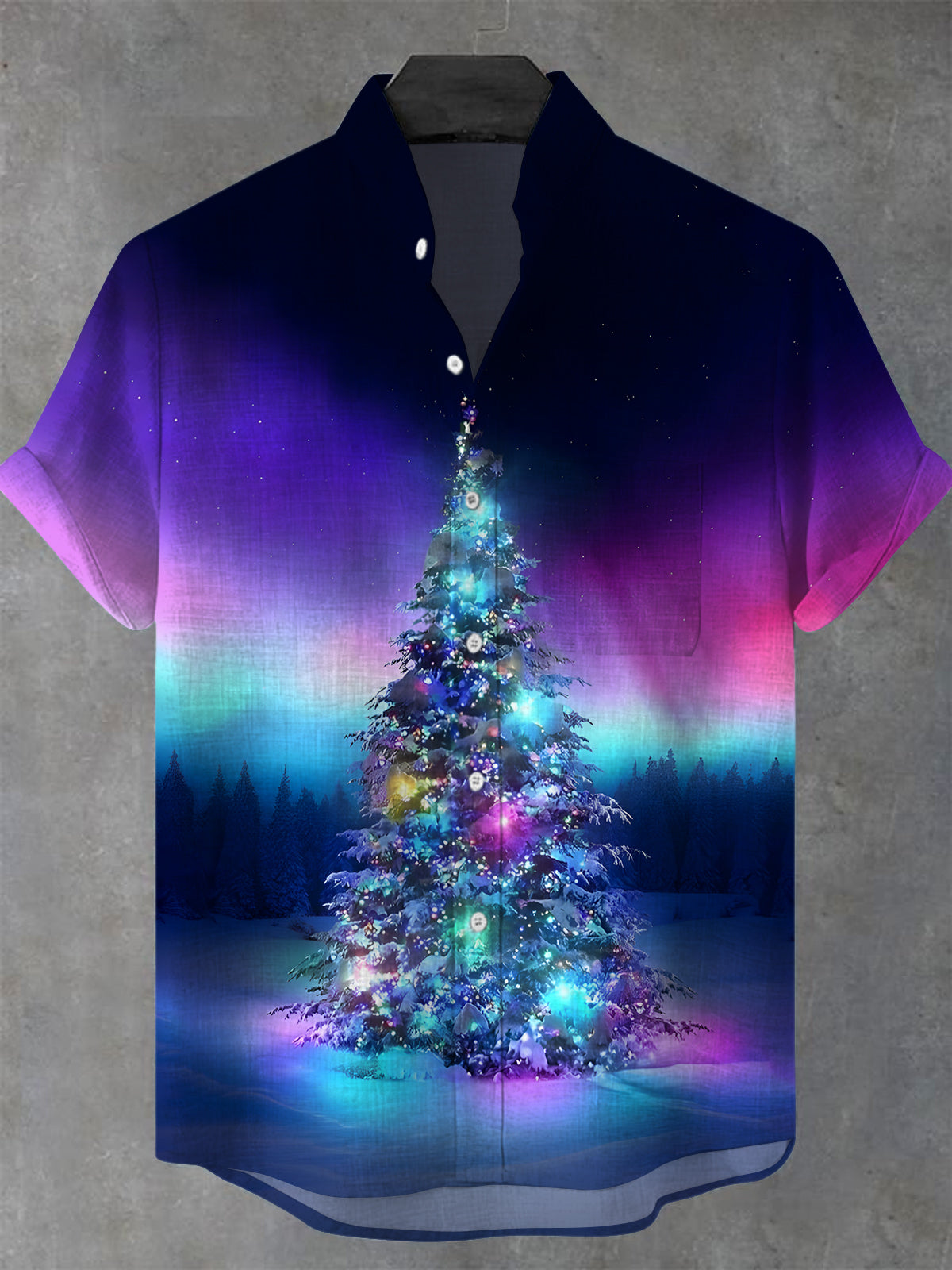 Christmas Tree Men's Pocket Short Sleeve Stand Collar Shirts