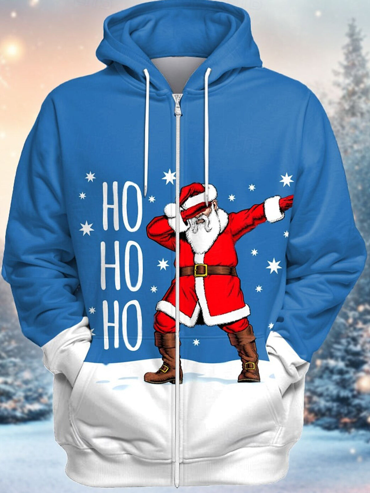 Christmas Print Long Sleeve Pocket Men's Zip Up Hoodies