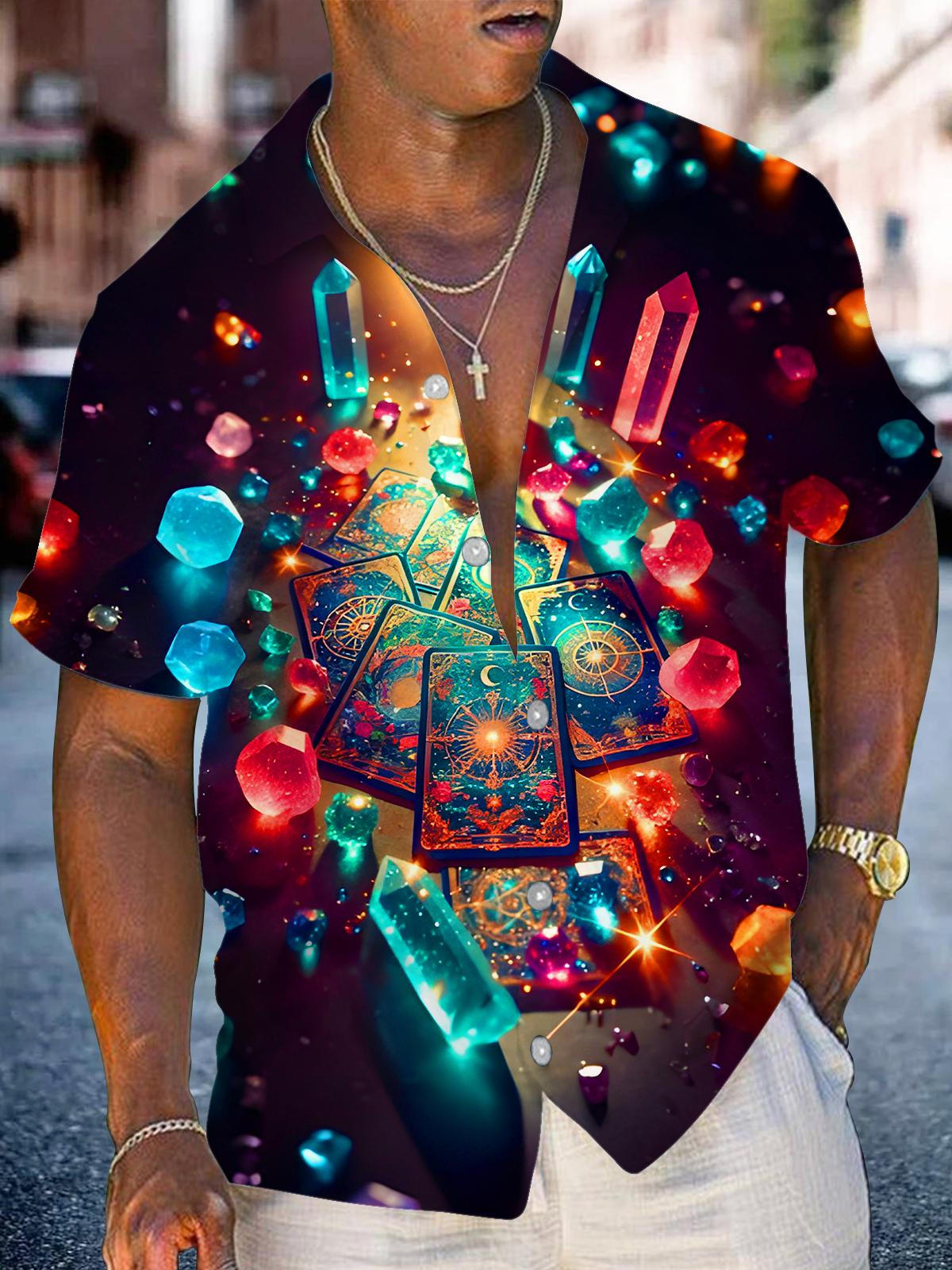 Psychedelic Tarot Card Energy Crystal Men's Pocket Short Sleeve Shirts