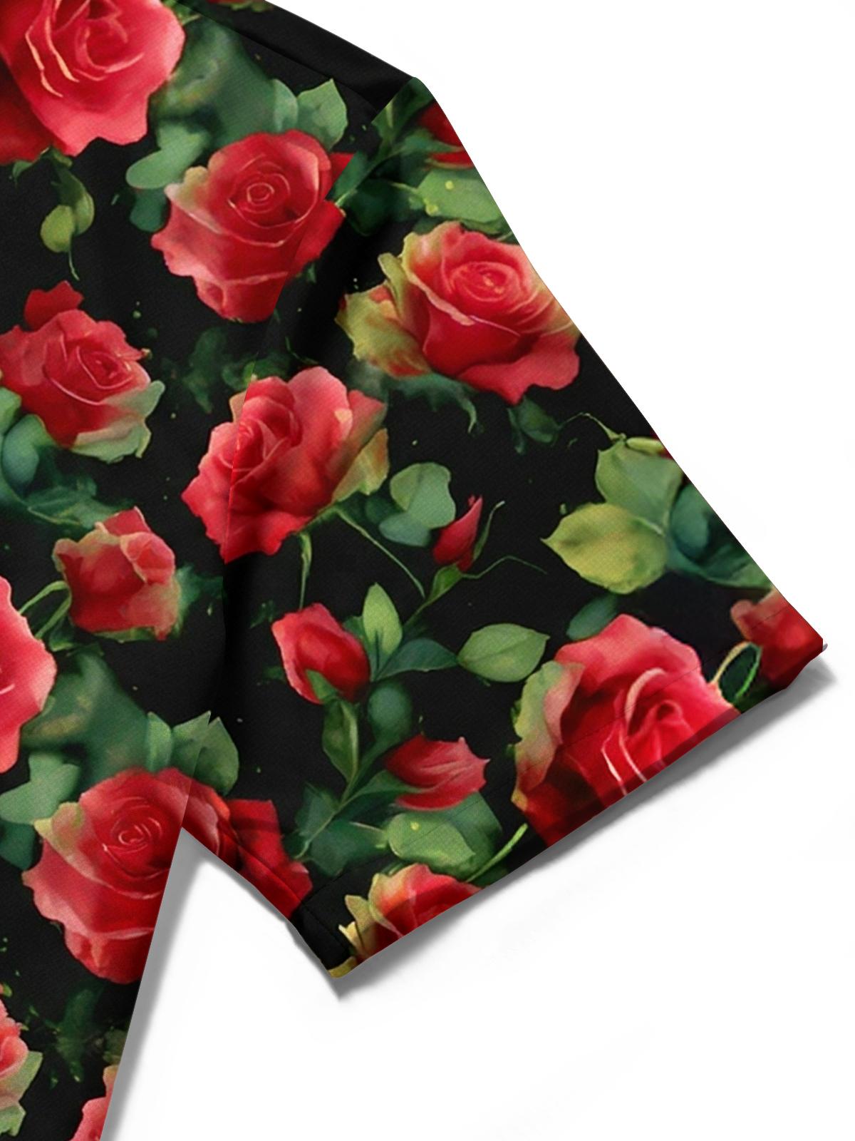 men's rose print shirt close-up short sleeve