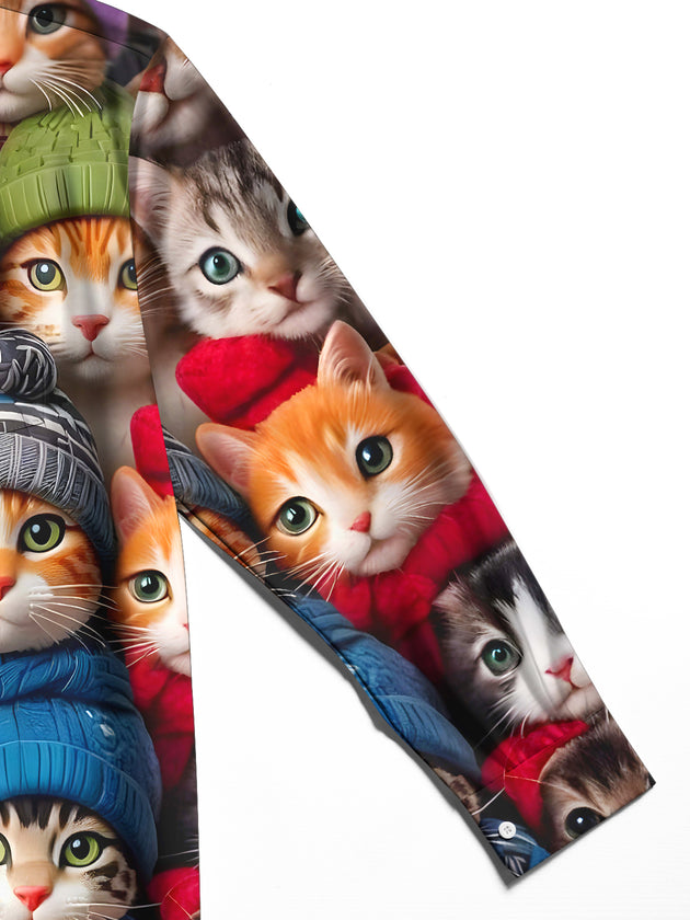 Men's funny cat long sleeve shirt close-up detail view