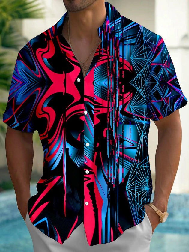 Red And Blue Abstract Geometric Line Art Men's Pocket Short Sleeve Shirts