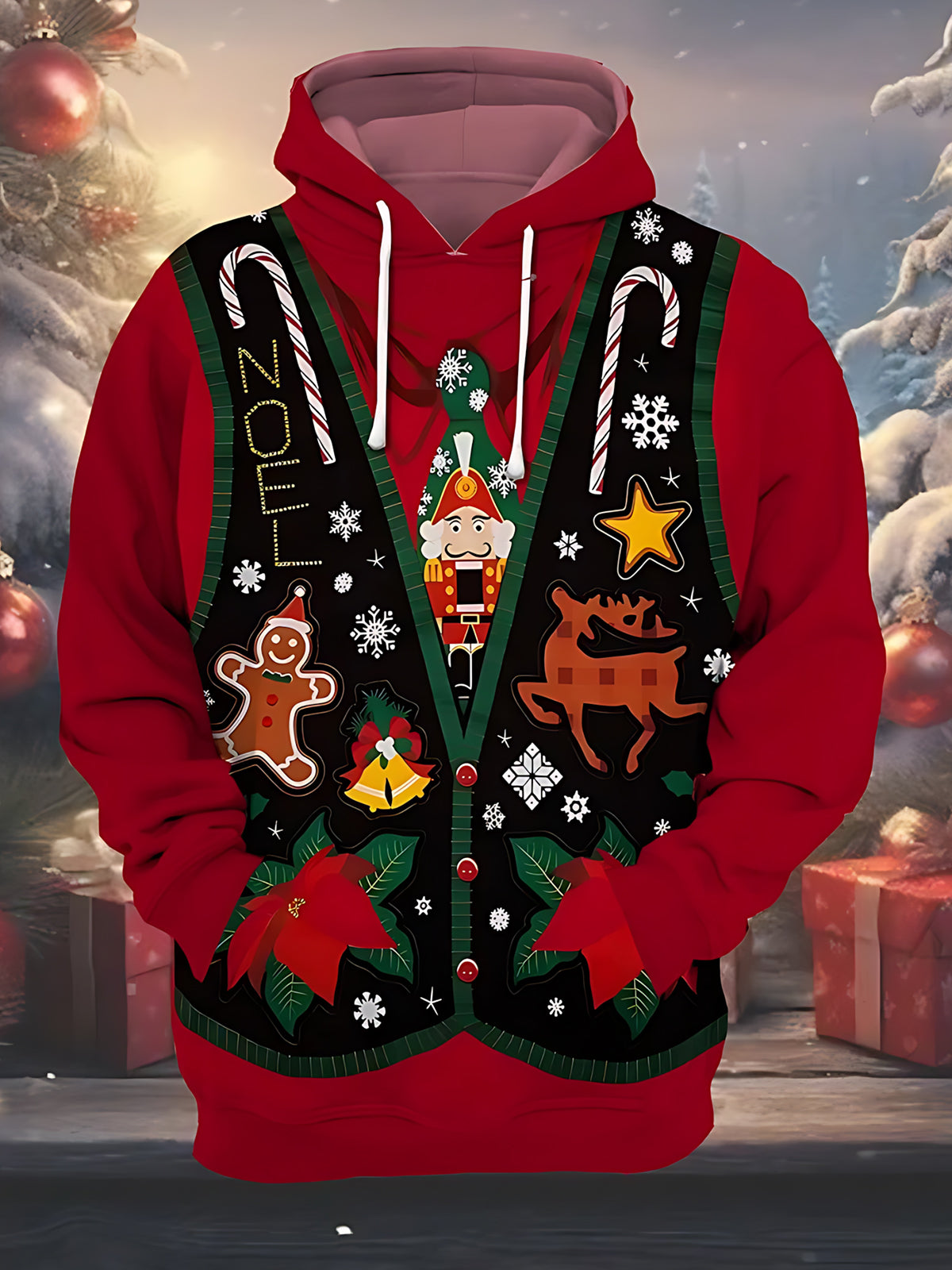 Christmas Print Men's Long Sleeve Pocket Hoodies