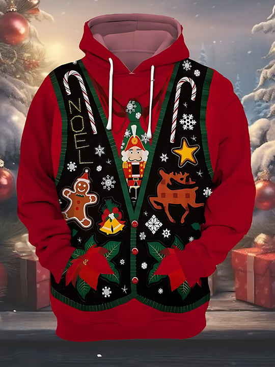 Men's festive print long sleeve pullover hoodie front view for Christmas holiday party