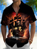 Skull Boat Print Men's Pocket Short Sleeve Shirts