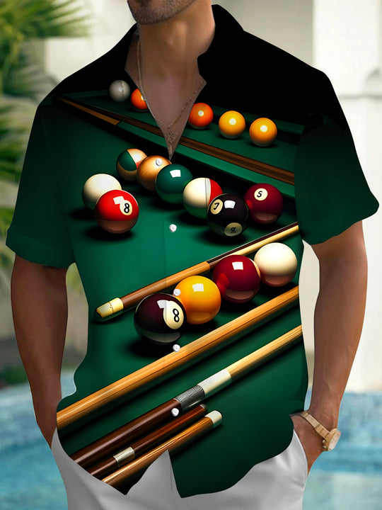 Men's billiards print short sleeve shirt front view