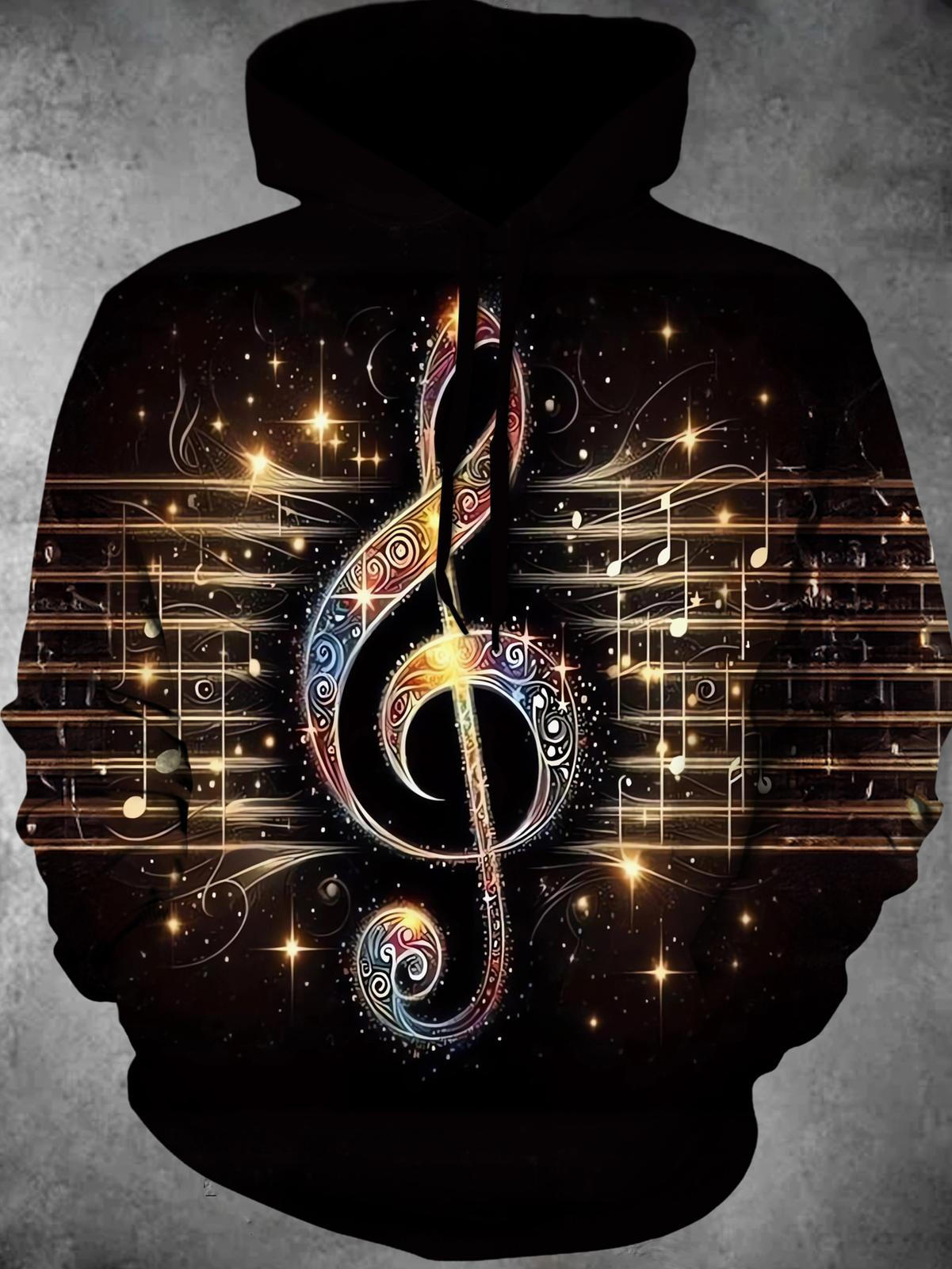 Music Note Long Sleeve Hooded Pocket Men's Top