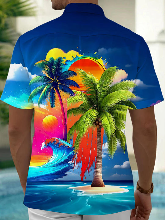 Men's Hawaiian coconut tree print pocket short sleeve shirt back view