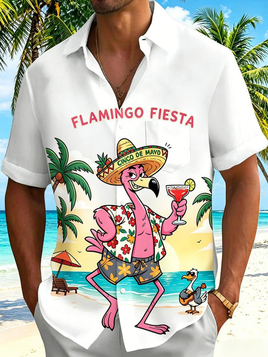 Fun Hawaiian Beach Fiesta Flamingo Men's Pocket Short Sleeve Shirts