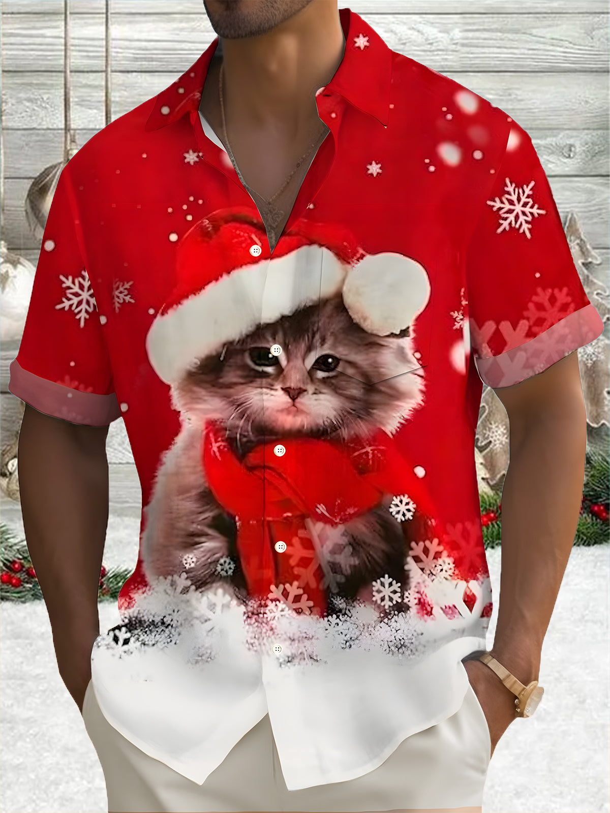 Christmas Cat Men's Pocket Short Sleeve Shirts