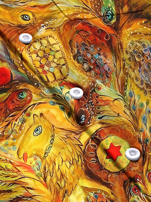 men's peacock print shirt close-up short sleeve