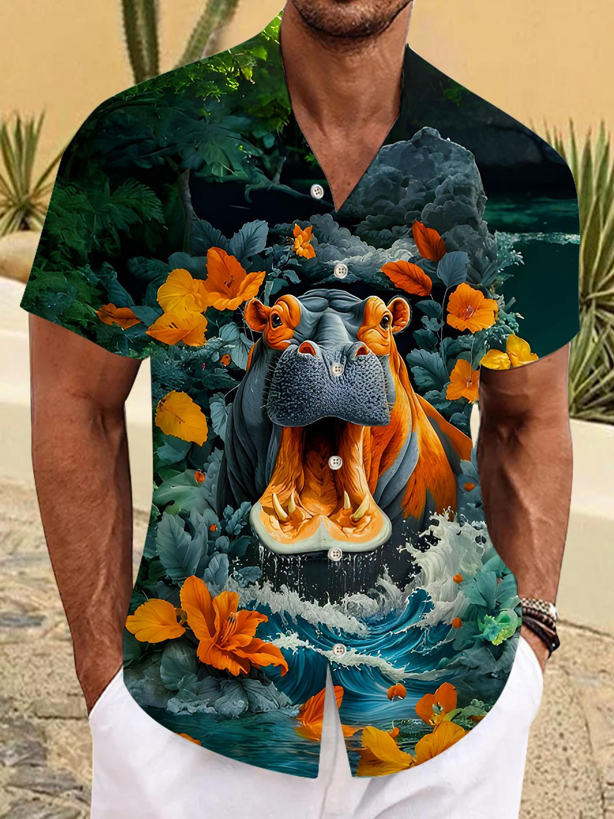 Fun Open-mouthed Hippopotamus Flower Petals Waves Men's Pocket Short Sleeve Shirts