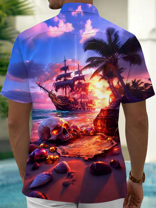 Men's Hawaiian boat skull print short sleeve shirt back view