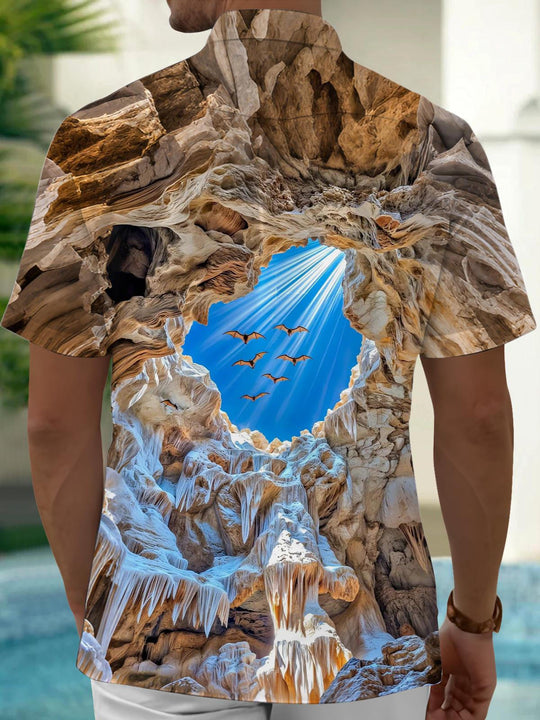 Men's short sleeve pocket shirt with cave bat print pattern, back view