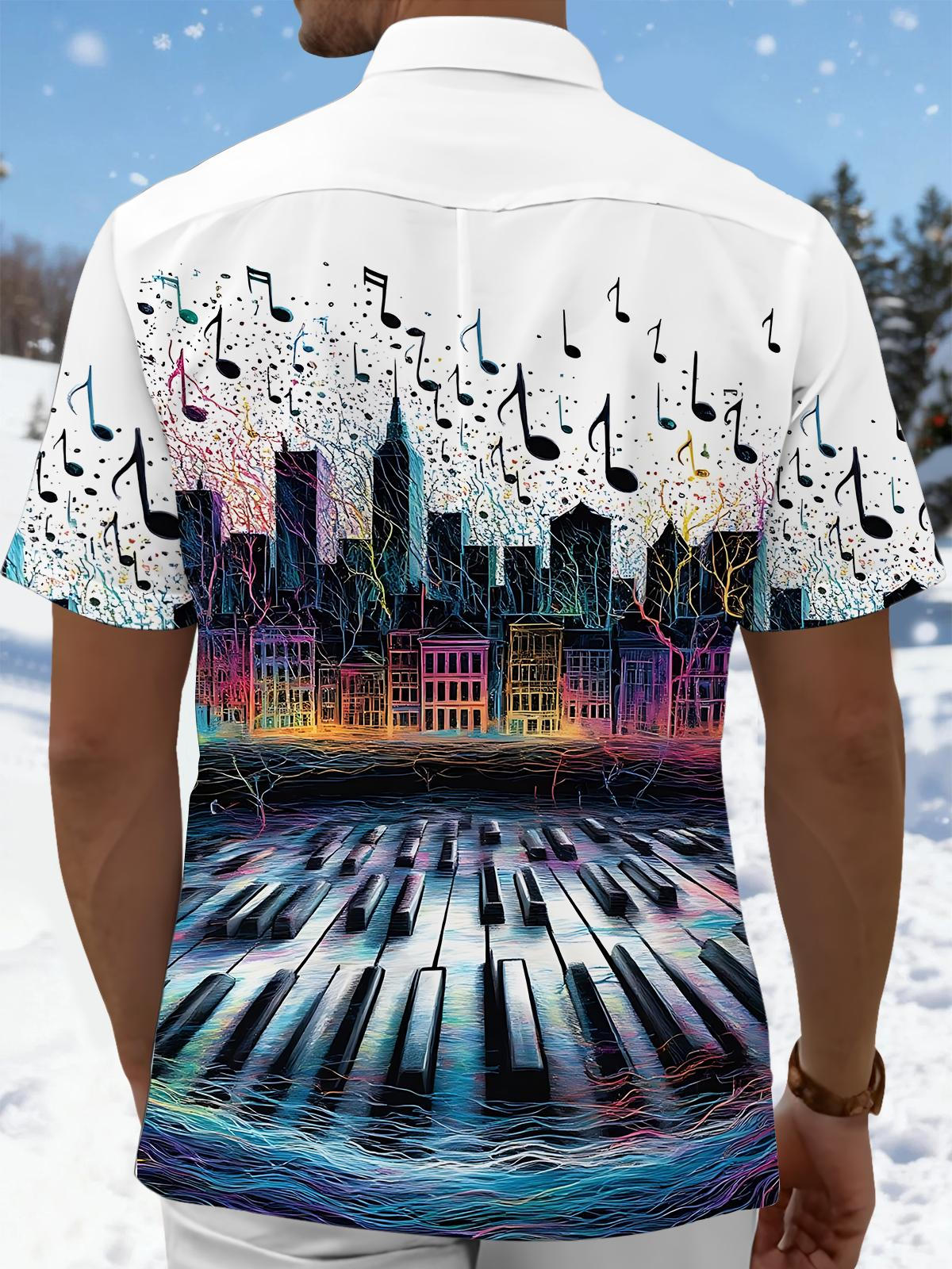 Piano Architecture Note Print Men's Pocket Short Sleeve Shirts