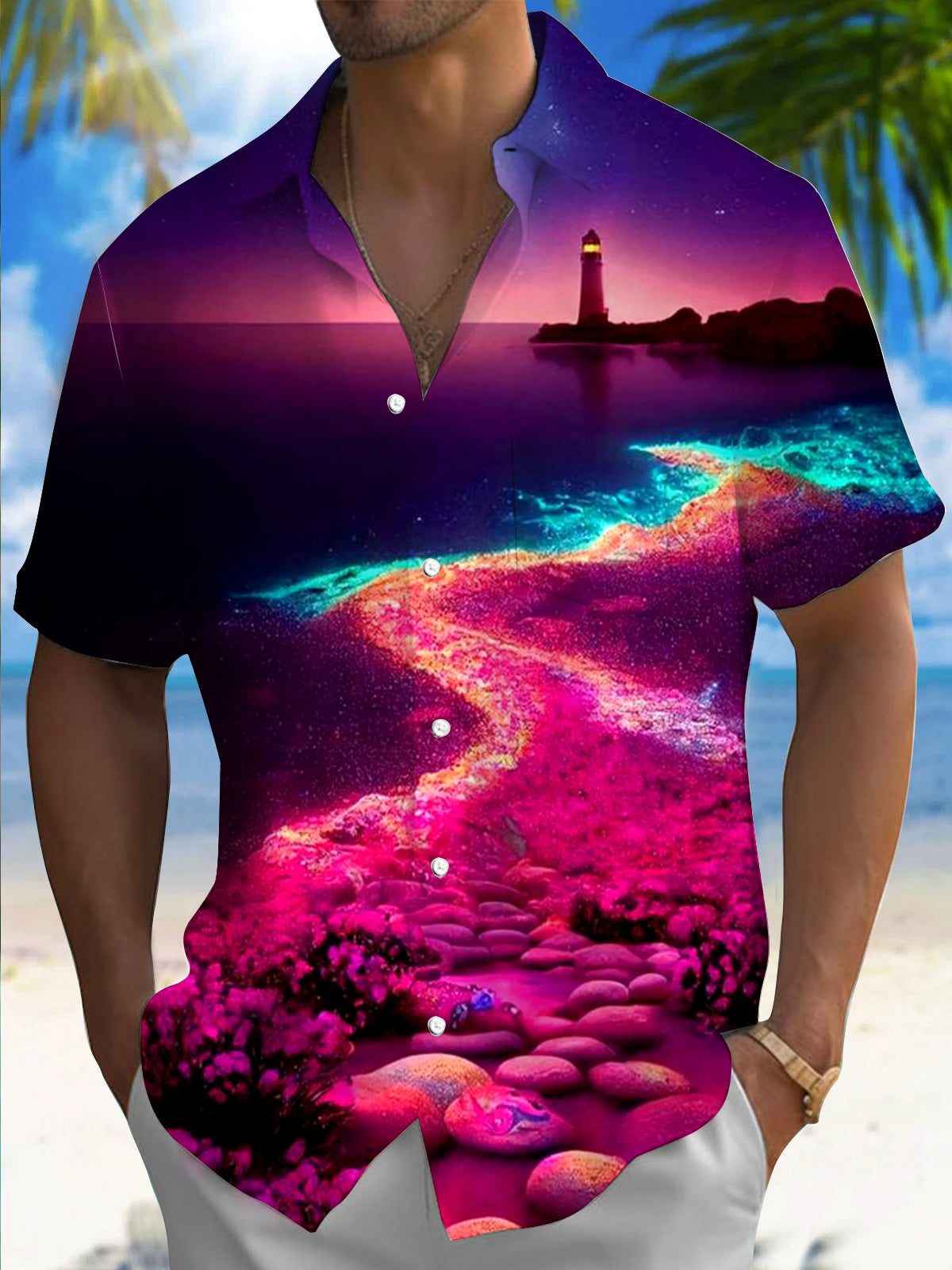 Beach Lighthouse Print Men's Pocket Short Sleeve Shirts