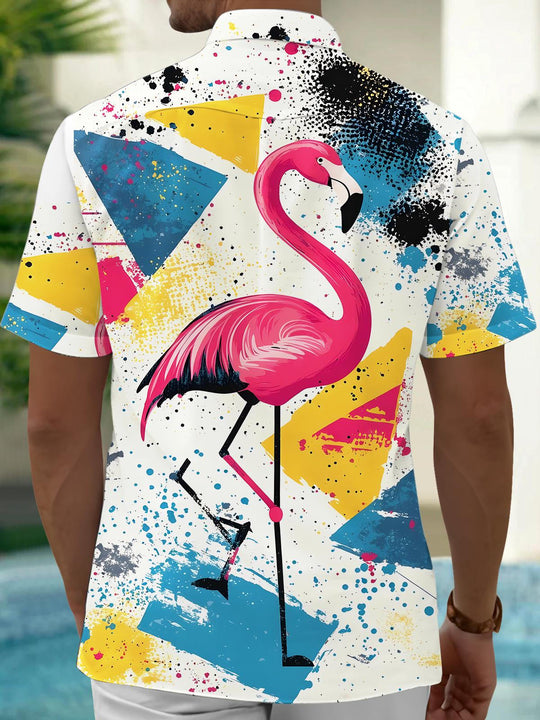men's pink bird pattern shirt side view