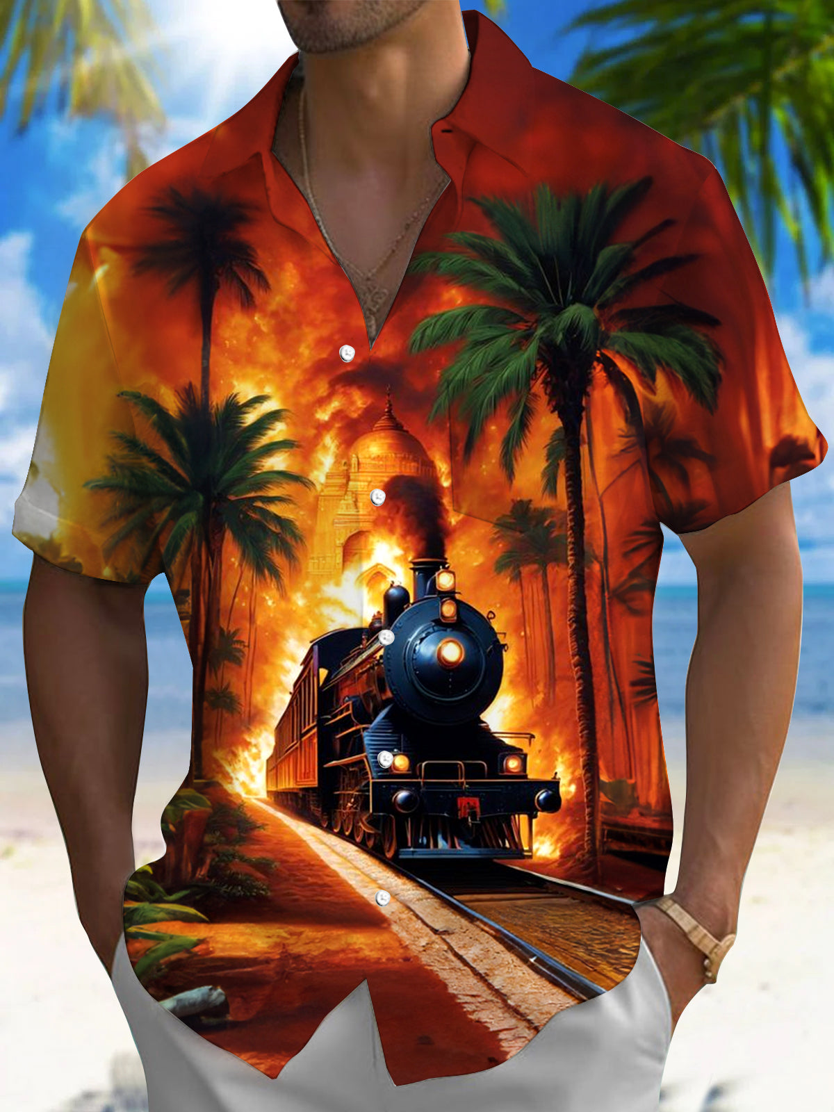 Coconut Tree Train Men's Pocket Short Sleeve Shirts