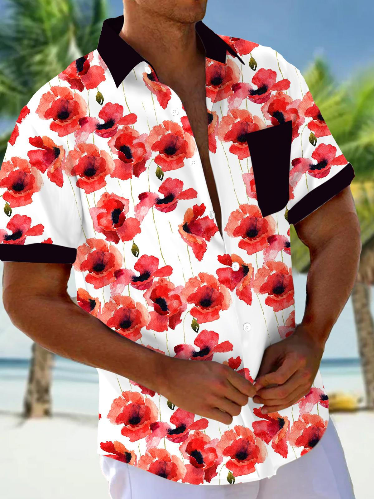 Poppy Print Men's Pocket Short Sleeve Shirts