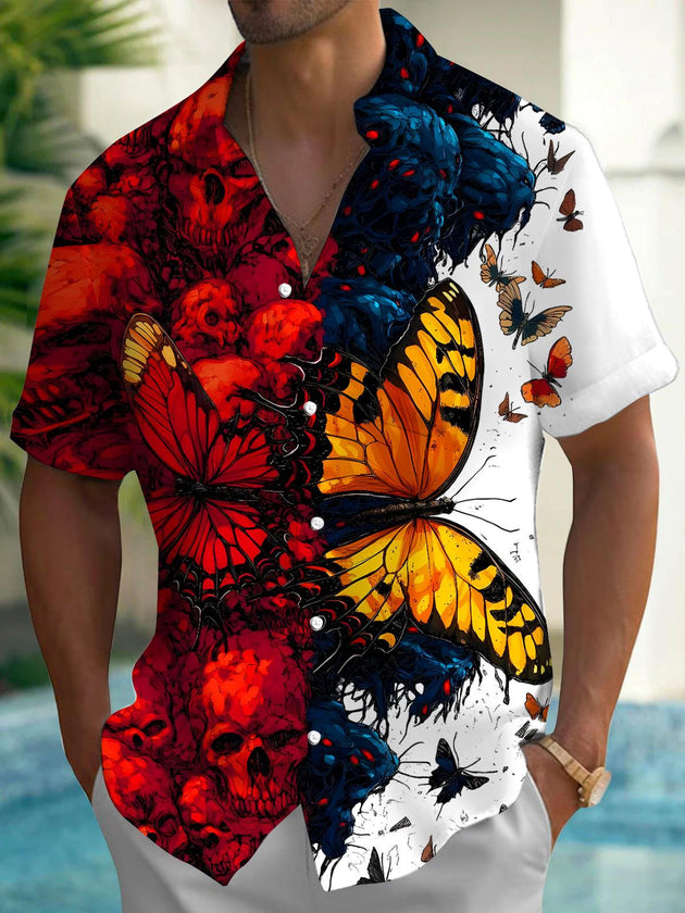 Men's black butterfly skull print short sleeve shirt back view